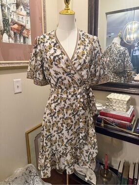 Max Studio White Wrap Dress with Mustard Floral Print